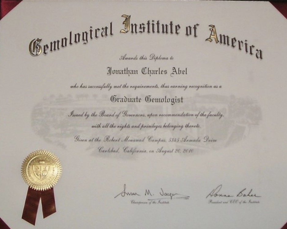 JONATHAN ABEL G.G., A.J.P. (G.I.A.) Certificate