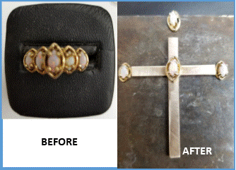 Before and After photo of opal ring changed into a cross with opals and the end of each arm of the cross