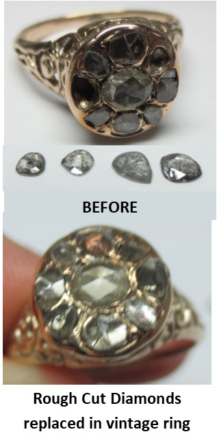 Before and After photos of vintage ring with rough cut diamonds