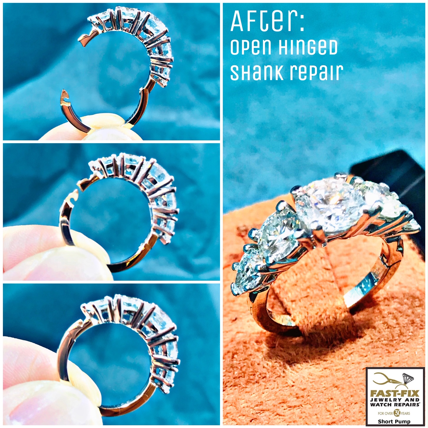 We repair this diamond ring with a open hinged shank for large knuckles