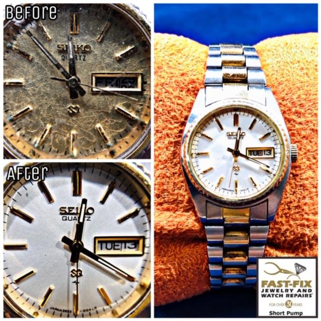 We restored this Seiko watch by refinishing the worn, discolored dial.