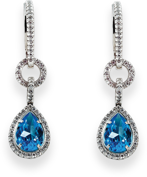 Pretty diamond earrings with a blue stone in the middle 